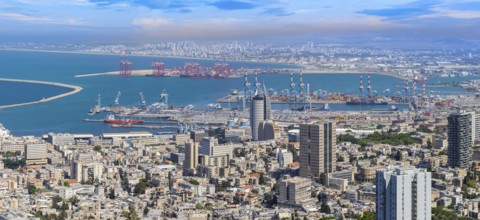 Israel, panoramic skyline view of Haifa downtown, port and historic center