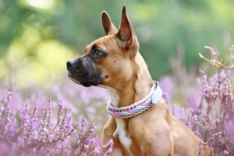 Brown dog with woven collar between purple heather flower field
