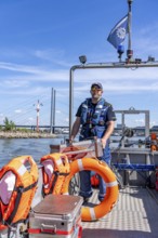 Multi-purpose boat of the THW during a training trip on the Rhine, Medienhafen in Düsseldorf, of