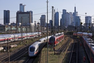Elevated city view with many trains, railway station and skyscrapers, Frankfurt am Main, Hesse,