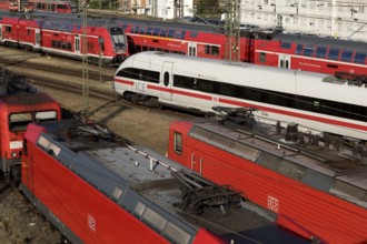 Elevated view of several local trains and an ICE train, Frankfurt am Main, Hesse, Germany