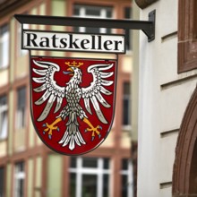 Traditional Ratskeller nose shield with the coat of arms of the city of Frankfurt am Main, Hesse,