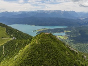 Elevated view of lakes and forests under a cloudy sky, Herzogstand summit, Walchensee, Schlehdorf,