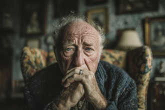 Elderly man looks thoughtful and melancholic, depressive, symbolic image for old age depression,