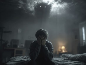 Person sitting in bed, small dark monster on the ceiling, symbolic image for anxiety disorders,