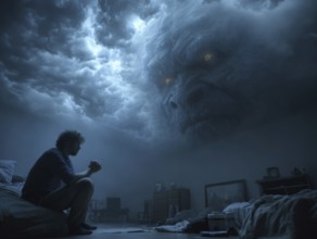Person kneeling in bed, cloudy monster in the sky, symbolic image for anxiety disorders, panic