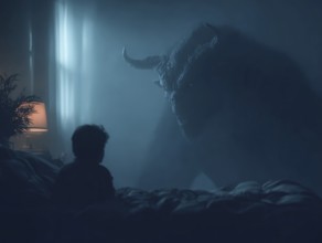Dark monster standing in a child's room, dim light, symbolising anxiety disorders, panic attacks,