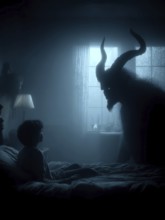 Child in bed, monster in demonic form with horns in front of window, symbolic image for anxiety