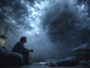 Person sits in bed, large cloudy monster fills the room, symbolic image for anxiety disorders,