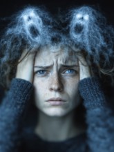 Woman with horror on her face, small ghosts around her head, symbolic image for anxiety disorders,