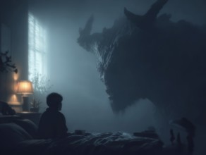 Child sitting on bed, threatening monster looking at it from the side, symbolic image for anxiety