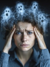 Woman holding head with hands, small ghosts in hair, symbolic image for anxiety disorders, panic