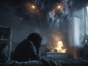 Person sitting on bed, huge monster above him, threatening atmosphere, symbolic image for anxiety