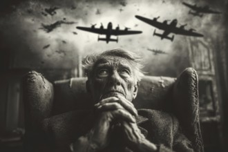 Elderly man gazes thoughtfully into the distance as a World War II bomber squadron flies overhead,