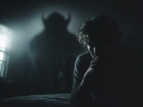 Man sitting in a dark room, threatening monster shape visible in the background, symbolic image for