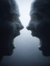 Two sculptures screaming at each other in darkness with dramatic use of light, AI generated, AI