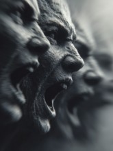 Series of loud screaming faces in darkness with intense expressions and mystical atmosphere, AI