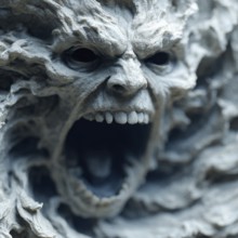 An eroded face with a screaming, open mouth and black eyes in a menacing style, AI generated, AI
