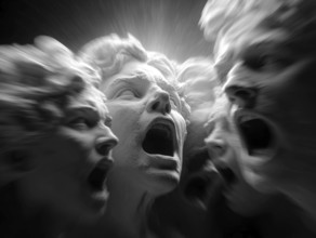 Several dramatically illuminated ancient sculpture faces with screaming, open mouths, AI generated,