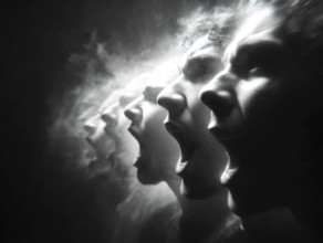 Multiple screaming faces in motion blur showing intensity and dynamics, AI generated, AI generated