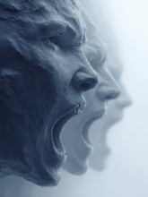 Three screaming, stone-like faces with open mouths in dramatic light, AI generated, AI generated