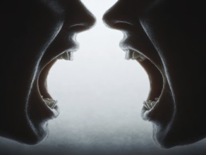 Two open mouths stand close to each other, shouting at each other and creating a tense atmosphere,