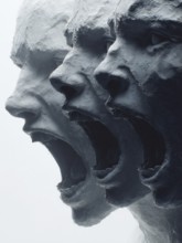 Three screaming plaster faces with dramatic expressions in monochrome style, AI generated, AI
