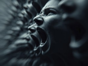 Multiple faces with screaming, open mouths showing drama in dark light, AI generated, AI generated