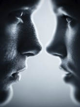 Two faces in intense close-up, holding tense eye contact, create a feeling of intimacy, AI