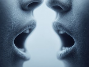 Close-up of two faces with slightly open mouths, creating a sense of intimacy, AI generated, AI