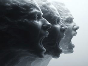 Three screaming, marble faces in dynamic sequence with intense expressions, AI generated, AI