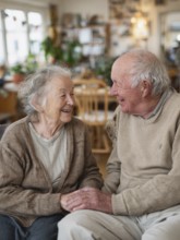 An elderly couple sitting together and smiling at each other in a retirement home, symbolic image
