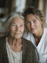 A young carer lovingly looks after a senior citizen in a nursing home, nursing home, symbolic image