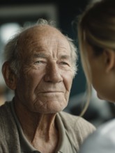 A young carer lovingly looks after a senior in a retirement home, nursing home, symbolic image for
