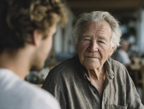 A young carer lovingly looks after a senior in an old people's home, nursing home, symbolic image