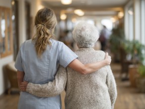 A carer assists an elderly woman walking along a bright corridor in a retirement home, nursing