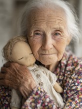 An elderly woman lovingly holds a doll in her arms, which radiates an emotional connection and