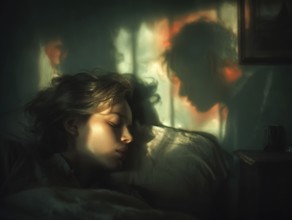 Sleeping woman with mystical shadow silhouettes in the background, symbolic image for sleep, event