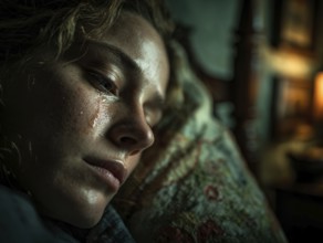 Young woman lying in bed, a tear on her cheek, looks sad and thoughtful, illuminated from the
