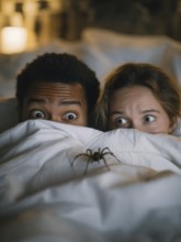 Two people in bed looking frightened at a spider crawling across the bedspread, symbolic image for