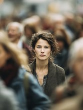 A woman stands in the middle of a crowd, symbolising mental health, stress in the big city,