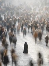 A veiled woman stands in the middle of a crowd, symbolising mental health, stress in the big city,