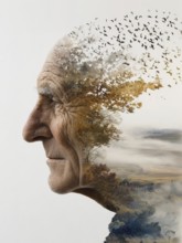 Double exposure of an elderly man and decaying parts of a landscape, symbolic image for memory