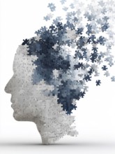 Illustration, graphic of a face made of puzzle pieces that spread out, symbolic image for dementia,