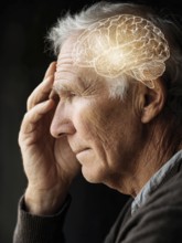 Elderly man with memory loss, digital brain overlay, symbolic image for neurological disease,