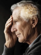 An older man in profile view holds his hand to his head, an illustration of a brain lights up, AI