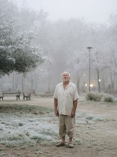 An elderly man in pyjamas stands in a cold, wintry environment, looking confused, helpless and