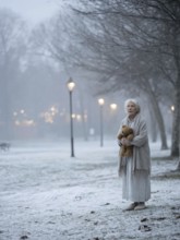 An elderly woman in a nightgown stands with her teddy bear in a cold, wintry environment, looking