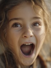 Child with astonished wide eyes and open mouth, looks surprised and cheerful, AI generated