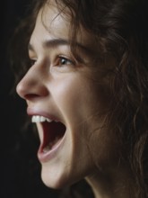 Young woman in profile view, laughing with curly hair and bright eyes, AI generated
